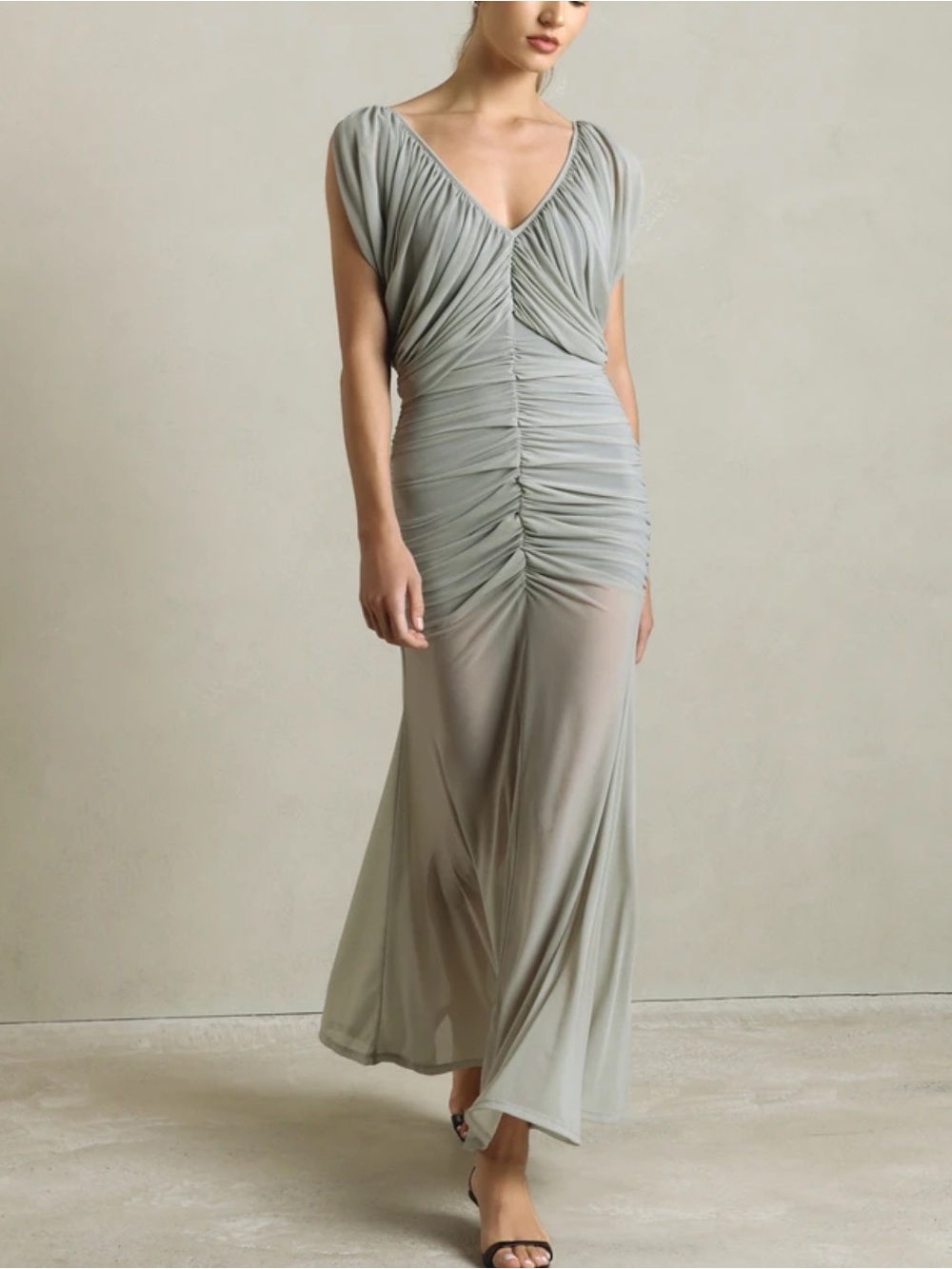 Ruched v neck mesh hem contrasting Ruched V-Neck draped Maxi Dress